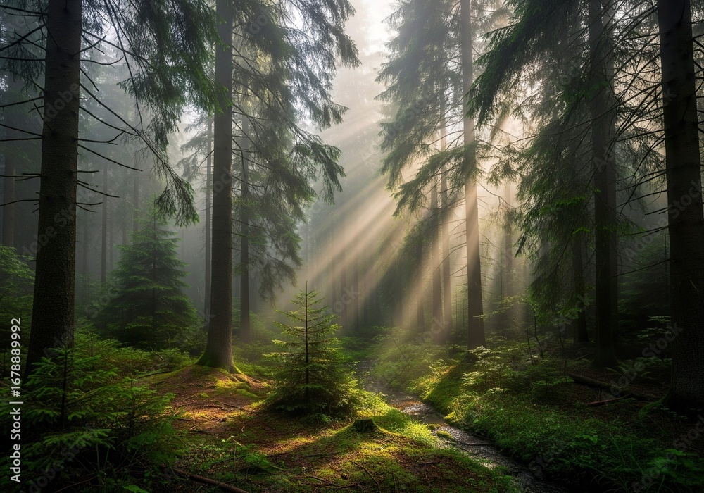Fototapeta premium Misty Morning in a Verdant Forest