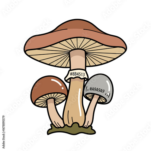 Illustration of three mushrooms with brown and gray caps.