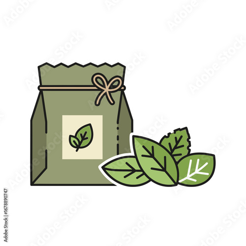 A green paper bag with leaves and loose leaves.