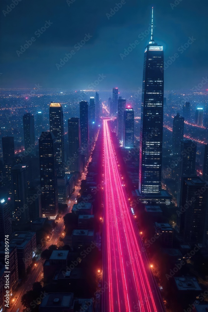 Fototapeta premium A futuristic cityscape at night, glowing fiber optic cables stretching across the horizon, representing the vast network of the information superhighway , signal, artificial intelligence, digital