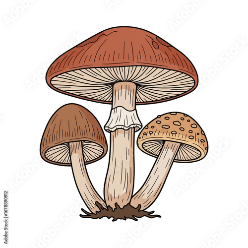 Three brown and red mushrooms grow from the ground.