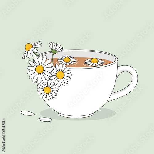 White teacup filled with chamomile tea and flowers on a pale green background.