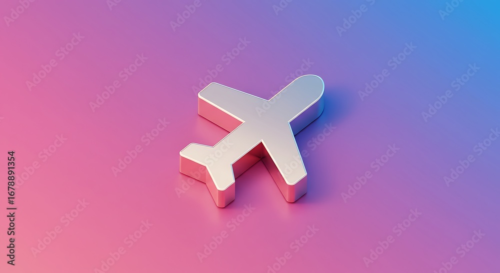 Fototapeta premium 3D Silver Airplane Icon on Gradient Pink and Blue Background