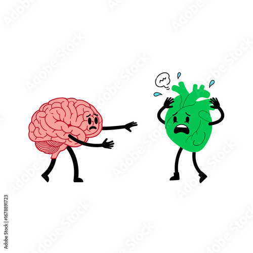 A distressed brain is reaching out towards a frightened heart in a white background illustrating emotional conflict and anxiety