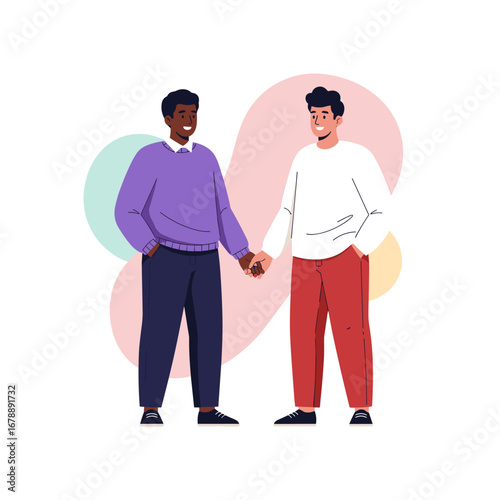 Diverse young men holding hands smiling appreciating each other with soft abstract shapes in background representing friendship and connection