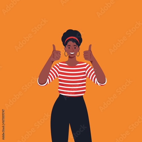 A happy woman shows two thumbs up with a smile against a bright orange background in a flat design style