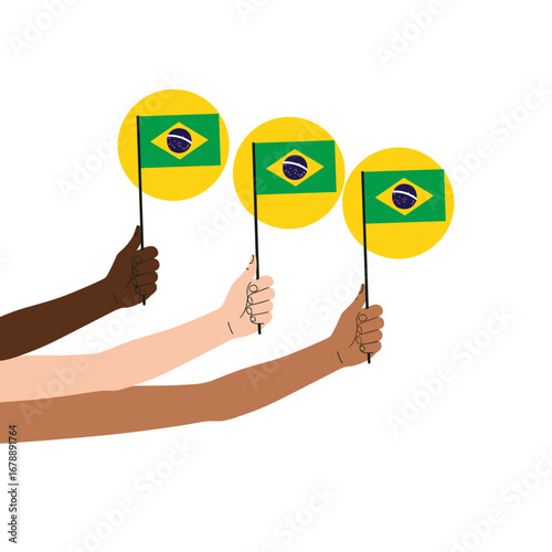 Diverse hands holding brazilian flags celebrating national unity and patriotism