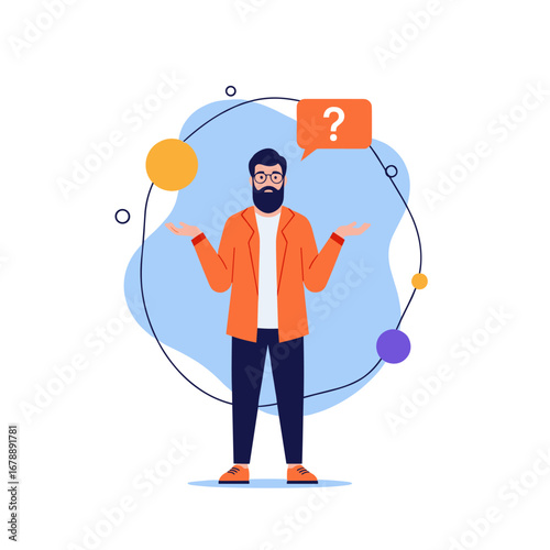 Man with question mark thinking confused about complex decisions and looking for answers and solutions