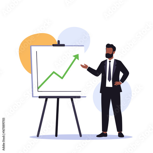 Business professional explaining upward trend on a whiteboard with a growing green arrow indicating success and profitability