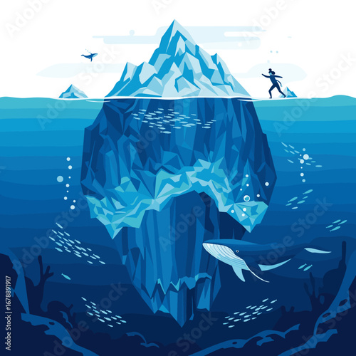 Exploring the vast ocean depths witnessing a majestic whale near a towering iceberg beneath the waves