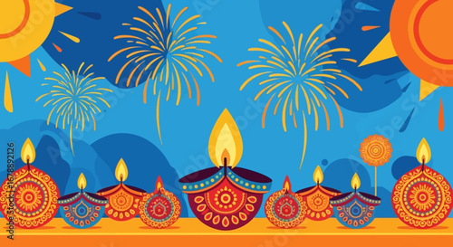 Vibrant illustration of Diwali celebration with decorative diyas and colorful fireworks against a blue night sky.