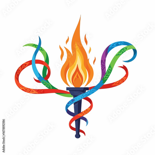 Colorful torch graphic design with ribbons.