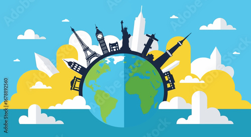 Colorful illustration of the world with famous landmarks, representing travel and global exploration.