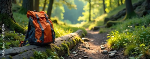 A lone backpack rests on a mossy log beside a picturesque hiking trail, sunlight dappling through the trees Perfect for adventure, travel, and nature themes , view, wilderness
