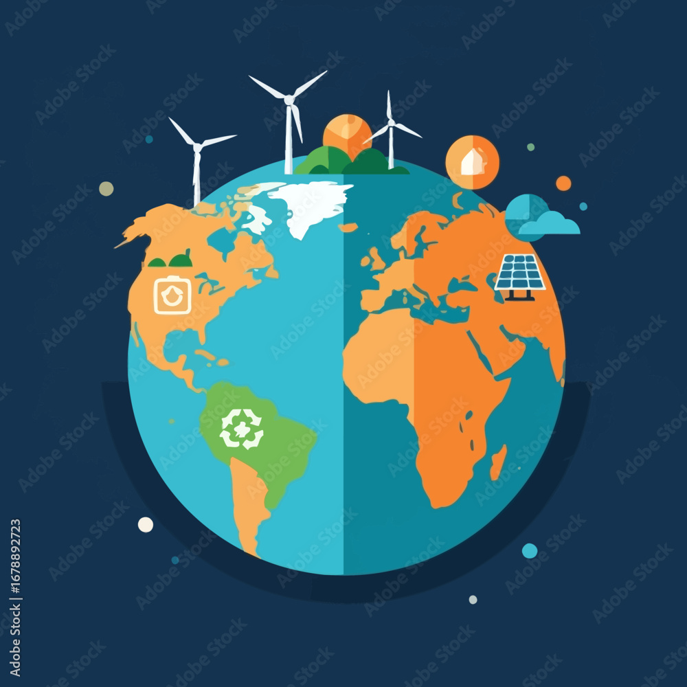 Naklejka premium Illustration of the Earth with symbols of renewable energy and environmental protection.