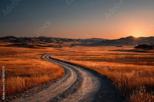 Golden hour path across a vast prairie