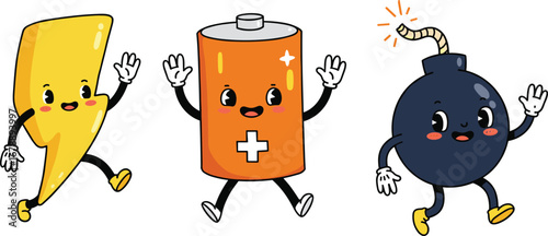 Cartoon battery, lightning bolt, and bomb characters, cute power energy icons, funny electricity design, happy animated objects illustration, playful explosive energy vector clipart