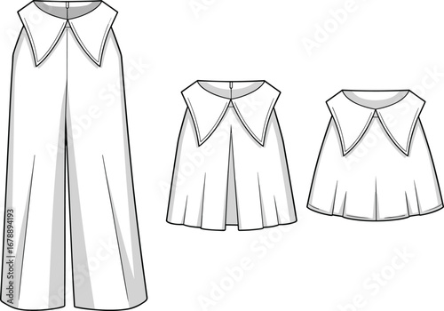 Technical flat sketch of stylish girl's dress and tops, pleated design, pointed collar detail, front view fashion illustration, vector garment drawing, clothing design