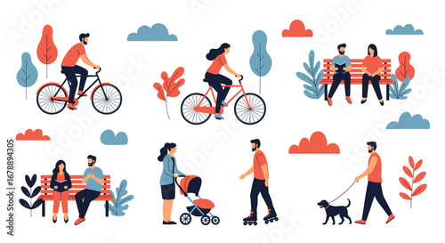 People enjoying outdoor activities: biking, reading, walking, and spending quality time in nature
