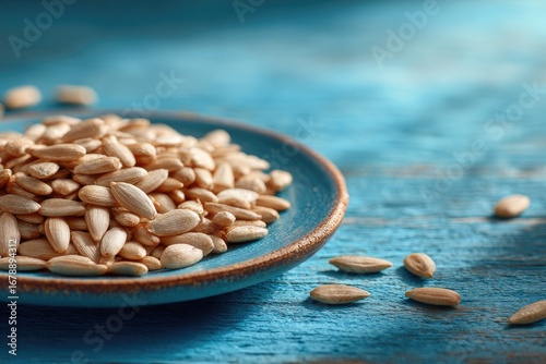 Light beige seeds piled on a shallow teal plate, scattered on a teal wooden surface
