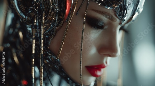 Futuristic female visage with intricate metallic adornments and striking makeup