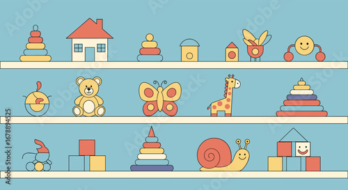 Playful collection of adorable illustrated toys arranged on shelves for children's rooms