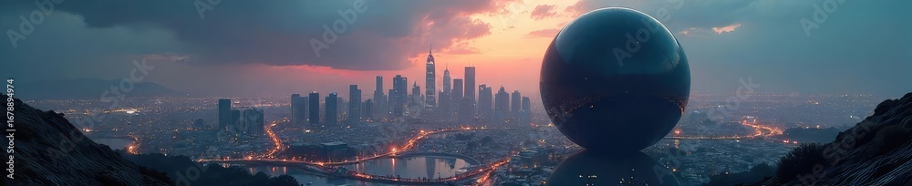 Fototapeta premium A perfectly smooth, dark sphere absorbs all sound, creating an island of absolute silence in a bustling cityscape The contrast between the sphere and its environment is striking , silence, enigma