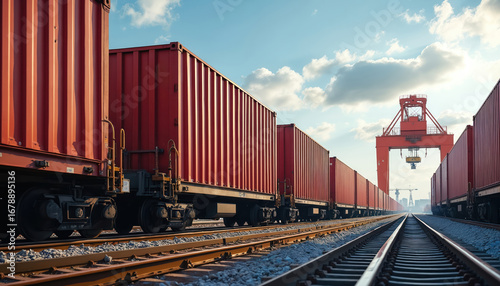 Red shipping containers on freight train at railyard with large crane in background. Seamless integration of shipping, rail transport systems. Efficient logistics, cargo movement for global supply