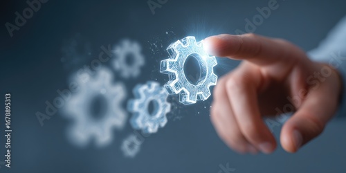 Businessman touching virtual gears representing automation and innovation.