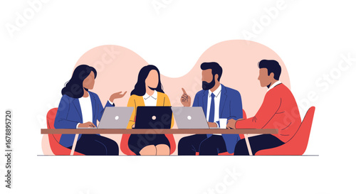 Business team collaborating during a meeting, discussing ideas using laptops in a modern office