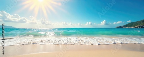 A relaxed summer scene featuring sun-drenched sand, gently lapping waves, and a bright blue sky, evoking a feeling of carefree warmth and casual relaxation under the sun's rays , sky, heatwave