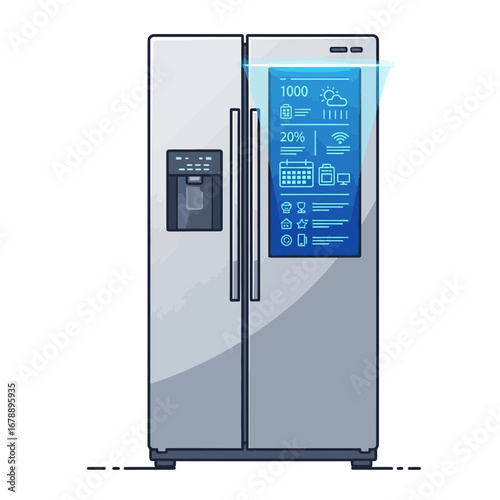 Modern stainless steel refrigerator with a digital touchscreen display.