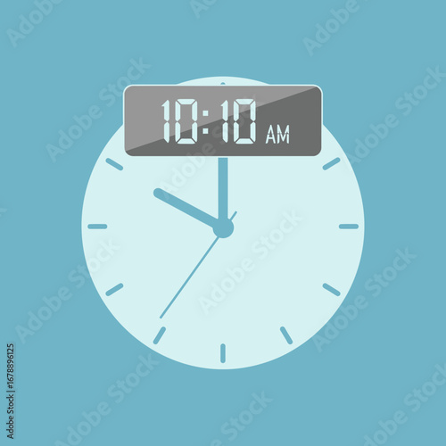 A light blue clock face with a digital display showing 10:10 AM.