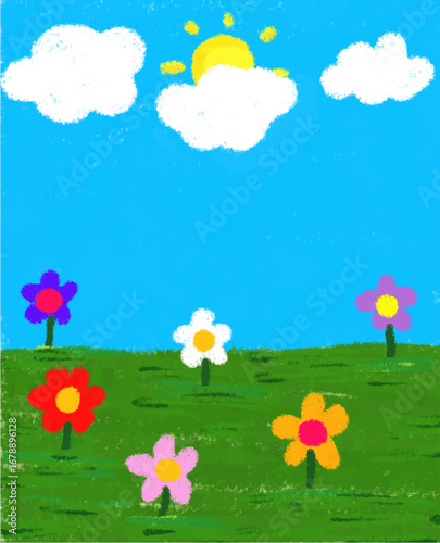 A colorful and joyful hand-drawn scene of flowers, clouds, and sunshine under a bright blue sky