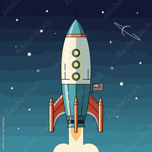 Retro rocket blasting off into starry night sky with moon.