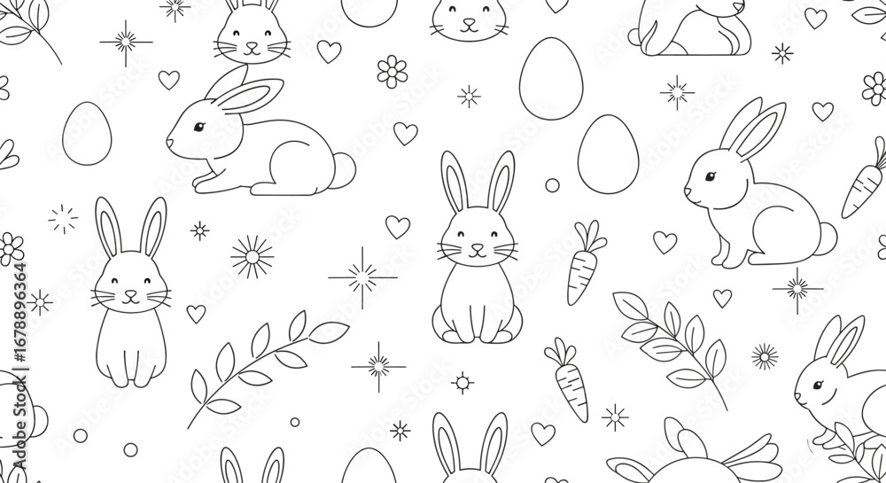 Fototapeta premium Easter bunny pattern with eggs, carrots, and hearts, perfect for spring holiday designs