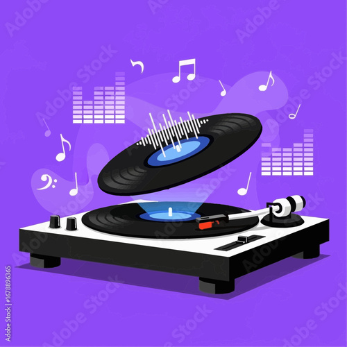 Turntable with floating record and musical notes on purple background.