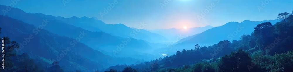 Obraz premium A serene landscape bathed in a calming blue hue, evoking a sense of leadership and tranquility Perfect for concepts related to leadership, peace, serenity, and corporate branding , yoga, corporate