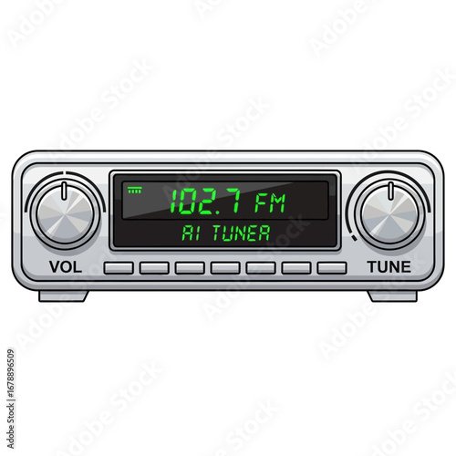 Silver car radio with digital display and knobs.