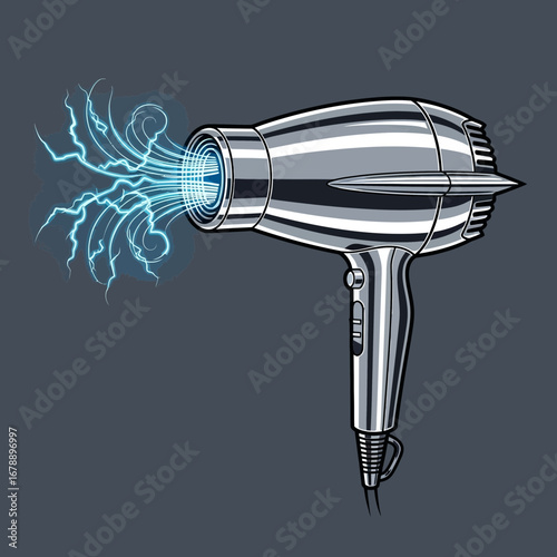 A silver hairdryer emits blue electrical sparks from its nozzle.