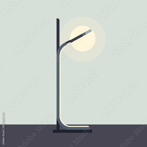 Modern minimalist floor lamp with glowing circular light source.