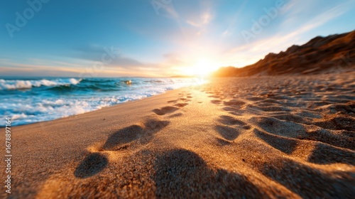 Footprints are imprinted on a tranquil beach as the sun sets, symbolizing the journey of life, ephemerality, and the beauty of nature’s rhythm and peace at day’s end.