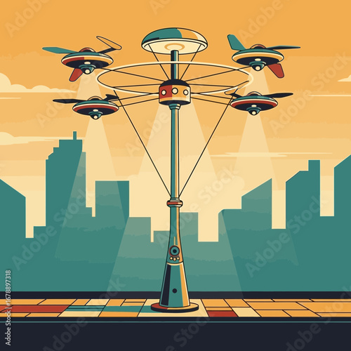 Futuristic transport hub with flying vehicles in a city.