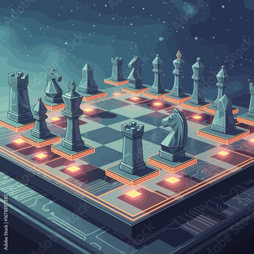 Illuminated chess set on a board with glowing elements against a starry background.