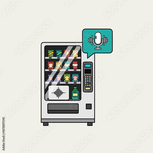 Vending machine with a speech bubble showing a drink icon.