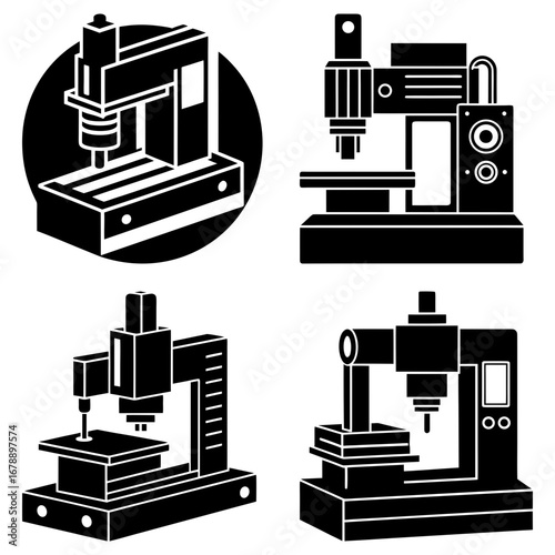 Illustration showing four different milling machines in black and white industrial equipment design graphic