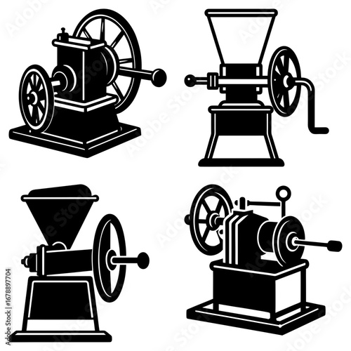 Collection of four vintage style black and white coffee grinders with different designs and mechanisms
