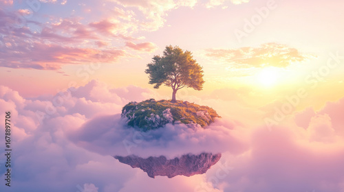 Whimsical Floating Island with a Lone Tree at Sunrise
