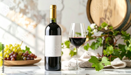 Sophisticated still life of red wine with a glass, grapes, and a barrel, perfect for a tasting or vineyard concept