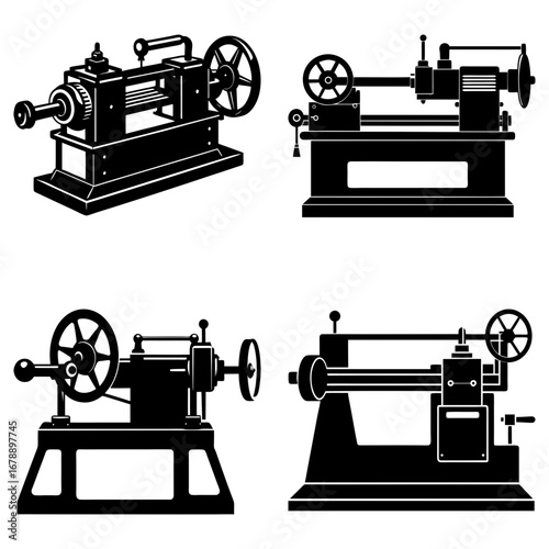 Four vintage lathe machines in black silhouette showing different styles and mechanisms in engineering design